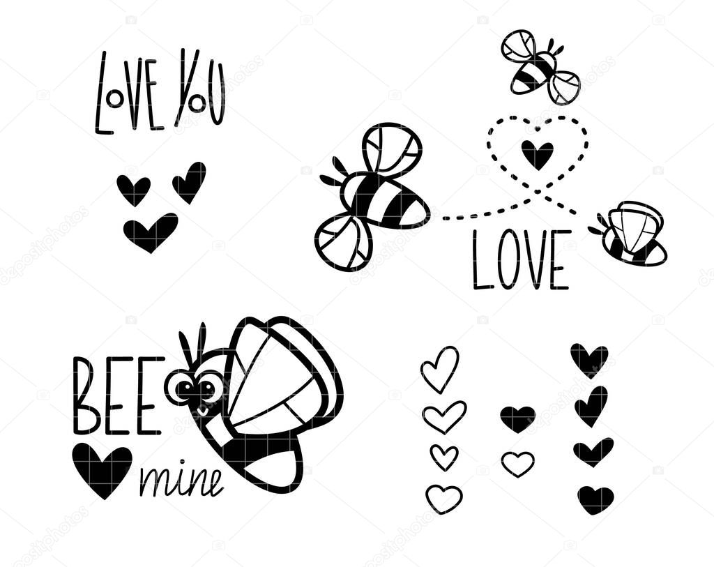 Bee mine design.  Love design and quotes. Heart shapes. Valentines day clip art. Silhouette vector flat illustration. Cutting file. Suitable for cutting software. Cricut, Silhouette