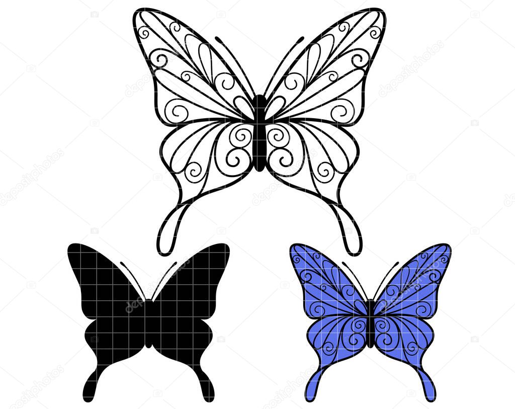 Butterfly design. Summer tropical insect. Different poses. Silhouette vector flat illustration. Cutting file. Suitable for cutting software. Cricut, Silhouette