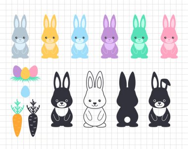 Paskalya tavşanı klipsi sanatı. Yumurtalı ve havuçlu tavşan. Sevimli komik hayvan. Siluet vektör düz çizim. Dosya kesiliyor. Yazılım kesmek için uygun. Cricut, Siluet