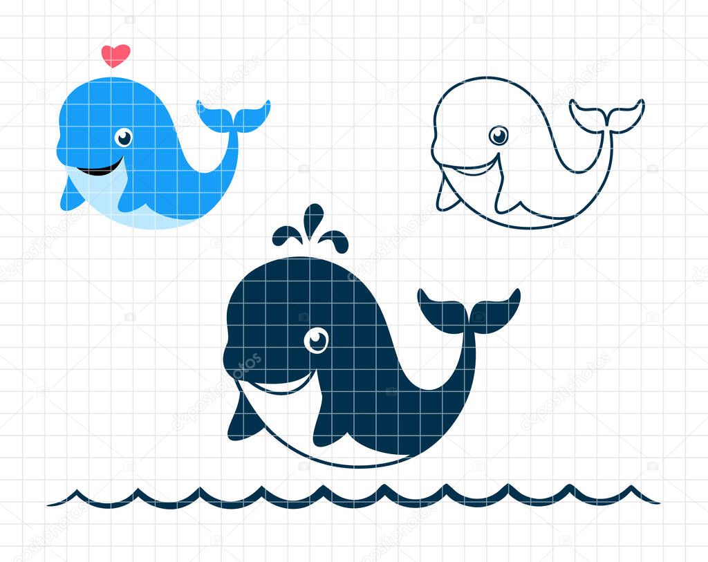 Whale baby clip art. Cute funny animal. Silhouette vector flat illustration. Cutting file. Suitable for cutting software. Cricut, Silhouette