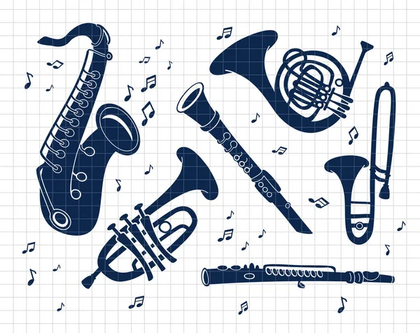 Colección Instrumentos Musicales Latón Jazz Objetos Oro Conjunto Silueta Vector — Archivo Imágenes Vectoriales