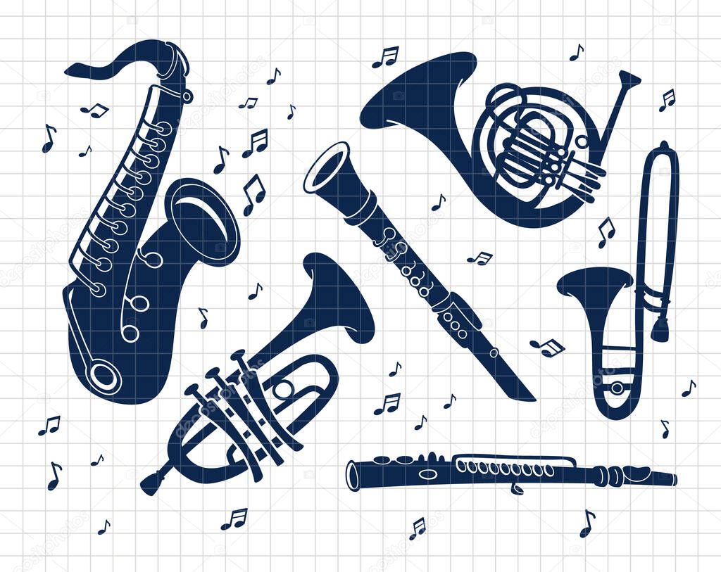 Musical brass Instruments collection. Jazz gold objects set. Silhouette vector flat illustration. Cutting file. Suitable for cutting software. Cricut, Silhouette