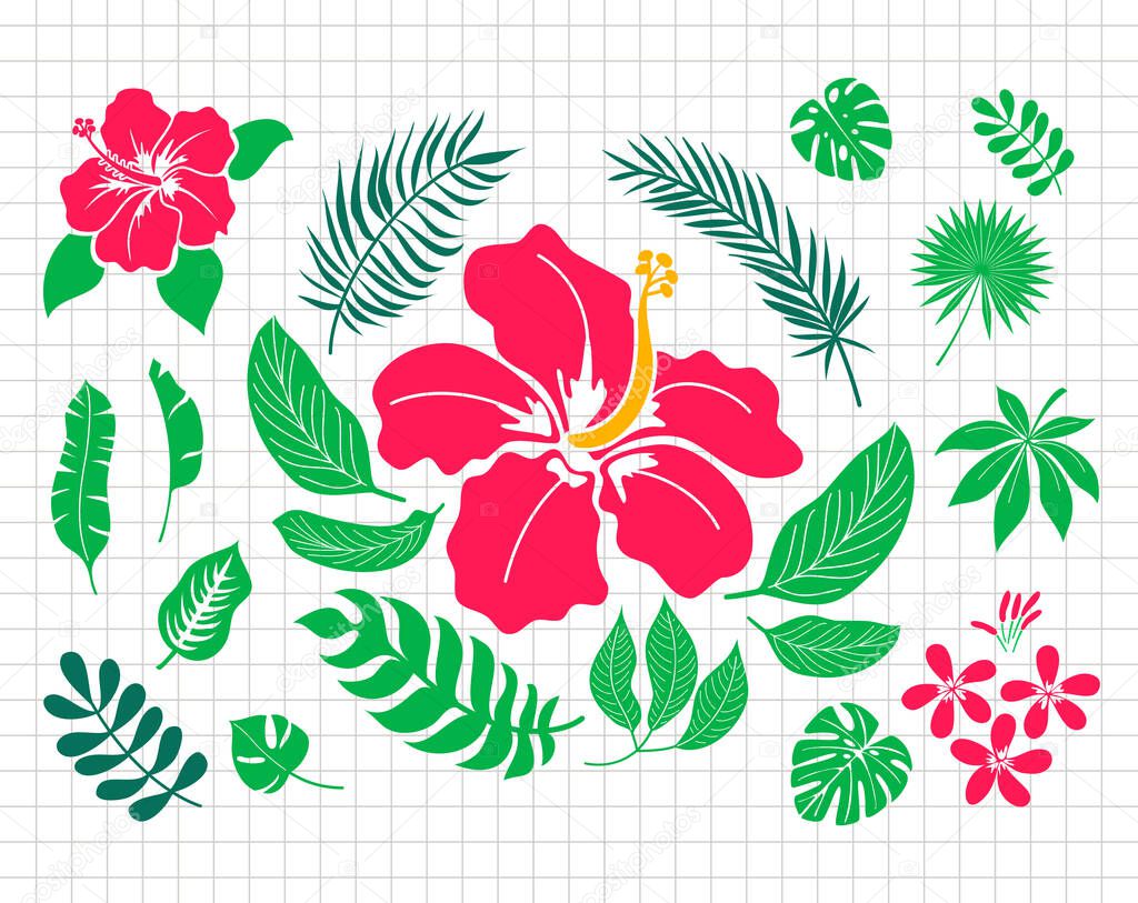 Tropical leaves and hibiscus flower. Summer clipart. Silhouette vector flat illustration. Cutting file. Suitable for cutting software. Cricut, Silhouette