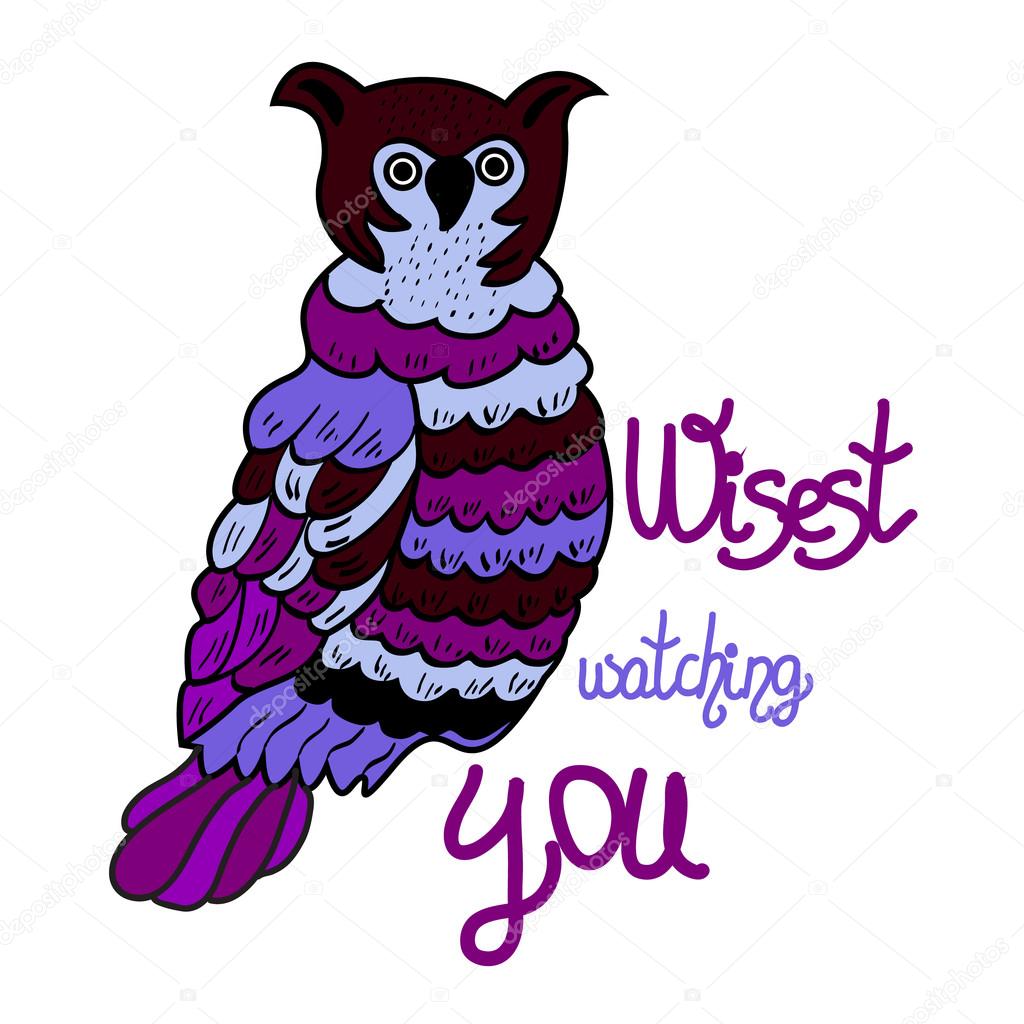 Vector hand drawn varicolored owl and text