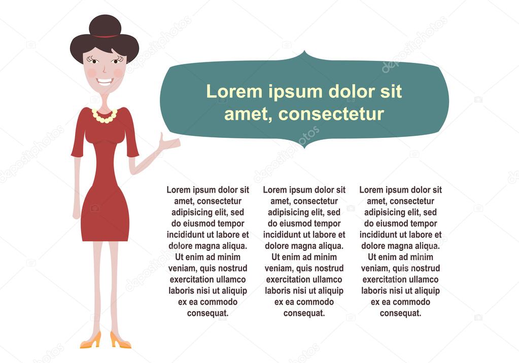 Flat woman in a dress pointing on the information field with the text
