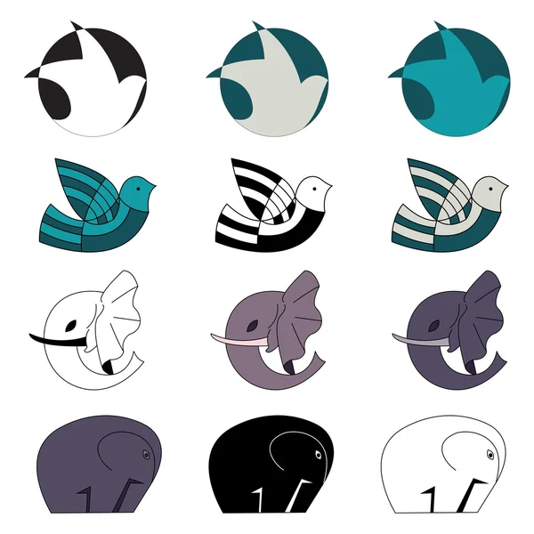 Doves and elephants emblem set — Stock Vector