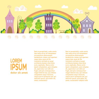 Kavramsal şehir düz tasarım evleriyle, gökkuşağı