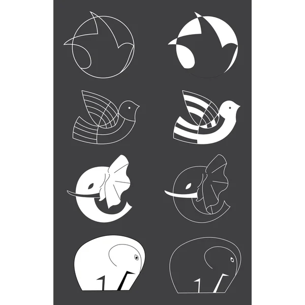 Palomas y elefantes emblema conjunto . — Vector de stock