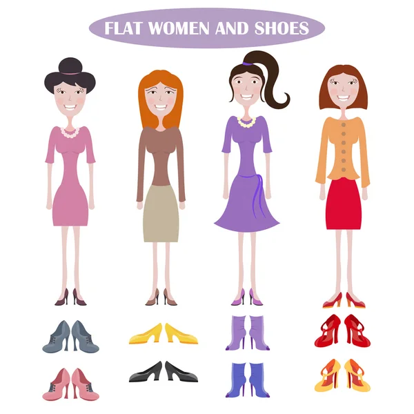 Conjunto de mulheres de pé nos diferentes vestidos —  Vetores de Stock