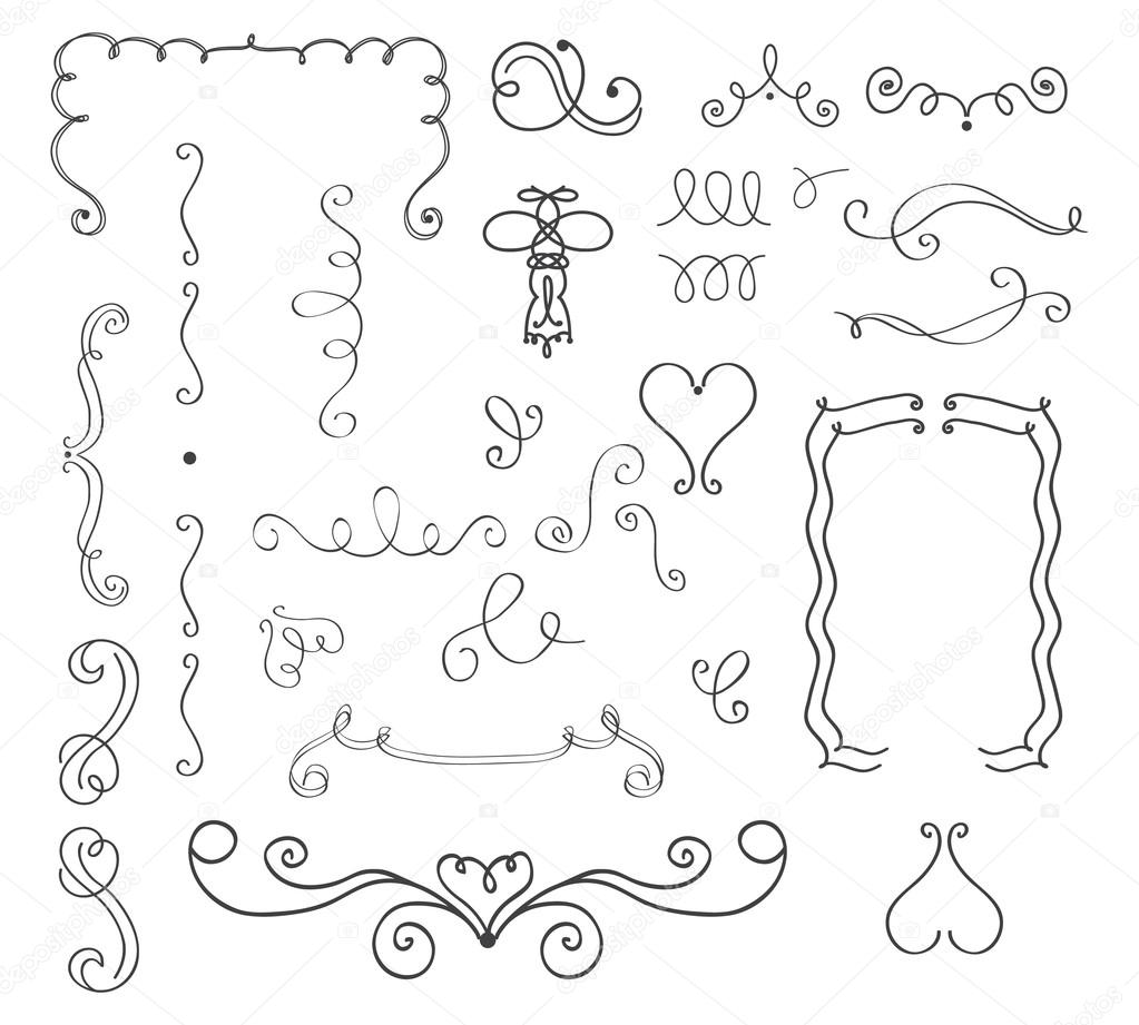 Set of hand drawn vector curls and borders