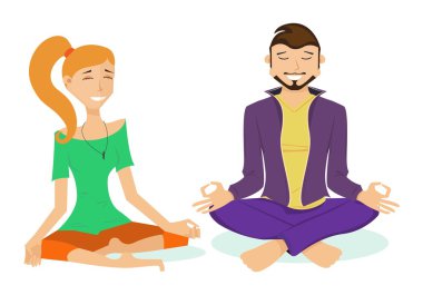 Sportif kız ve erkek yüzlerini, yogi lotus pozisyonda oturan bir gülümseme ile