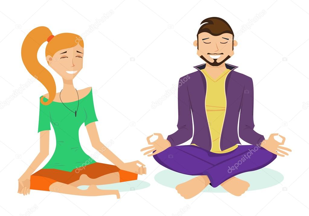 Sporty girl and man with a smile on their faces, yogi sitting in the lotus position