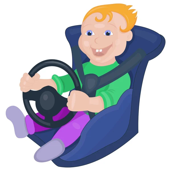 Little boy sitting on a baby car seat and holding a car steering wheel in his hands — Stock Vector