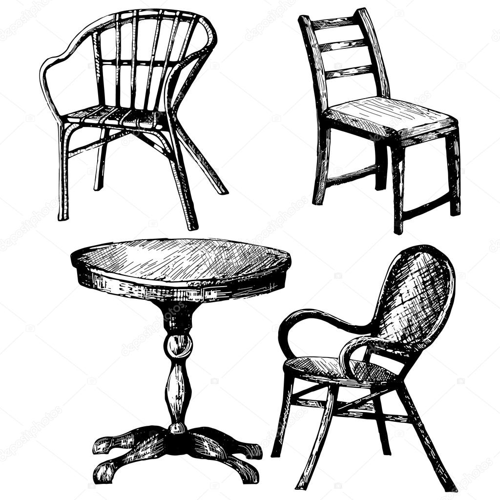 Set of furniture. Hand drawn illustration of table, chair, armchair