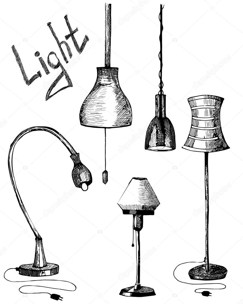 Set of lamps. Hand drawn illustration of lights