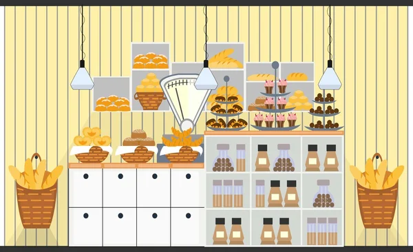 Contador de panadería con escamas y diferentes tipos de productos de panadería — Vector de stock