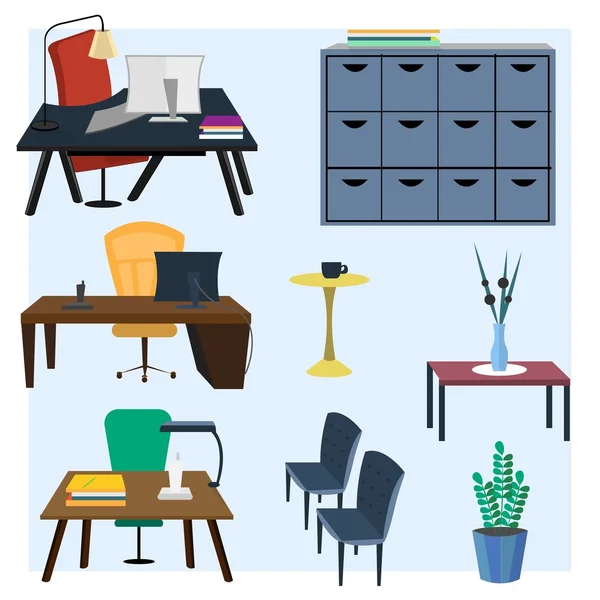 Conjunto de mobiliário de escritório para interior —  Vetores de Stock