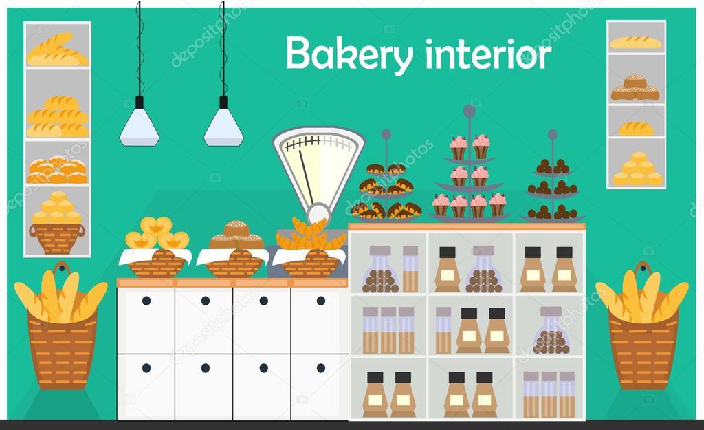 Bakery counter with scales and different types of bakery products