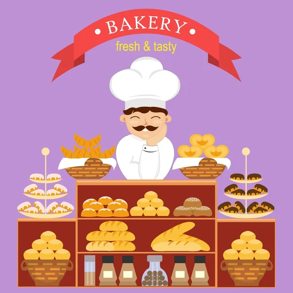 Baker a pékség kenyér sütés a pult mögött — Stock Vector