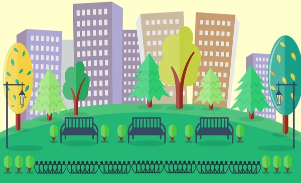 Parque de la Ciudad con bancos y árboles — Vector de stock