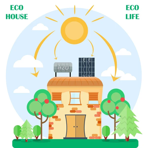 Οικολογικό σπίτι με εναλλάκτη θερμότητας και ηλιακά κύτταρα, σπίτι κήπων και ηλιακή ενέργεια — Διανυσματικό Αρχείο