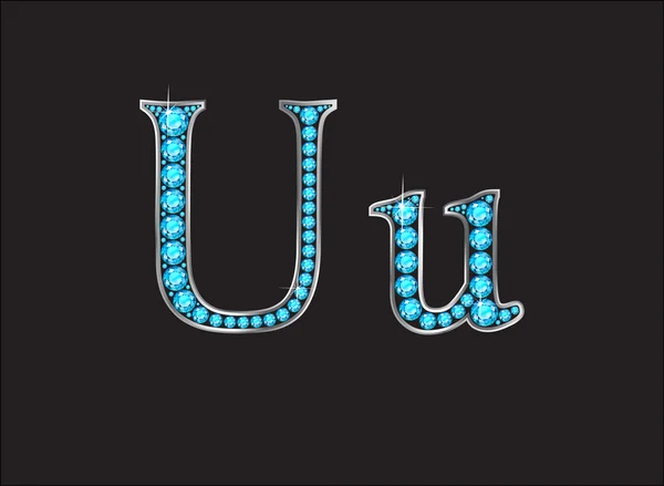 Uu Aquamarine Jeweled Font Jeweled Font con canales de plata — Vector de stock