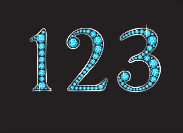 1, 2 e 3 em Aquamarine Jeweled Font Jeweled Font com Silver C — Vetor de Stock