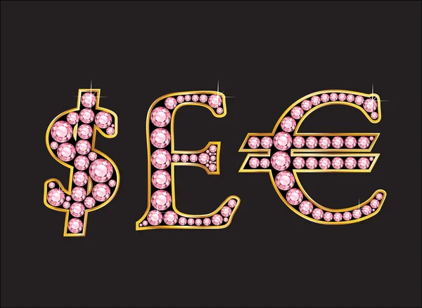 Signos de divisas en cuarzo rosa Jeweled Font con canales de oro — Vector de stock