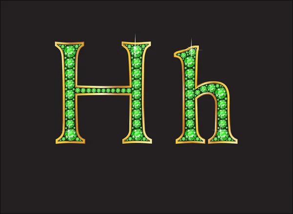 Hh in Peridot Jeweled lettertype met goud kanalen — Stockvector