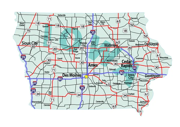 Mapa autostrad międzystanowych Iowa — Wektor stockowy