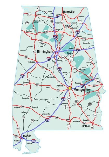 Alabama dálnici mapa — Stockový vektor