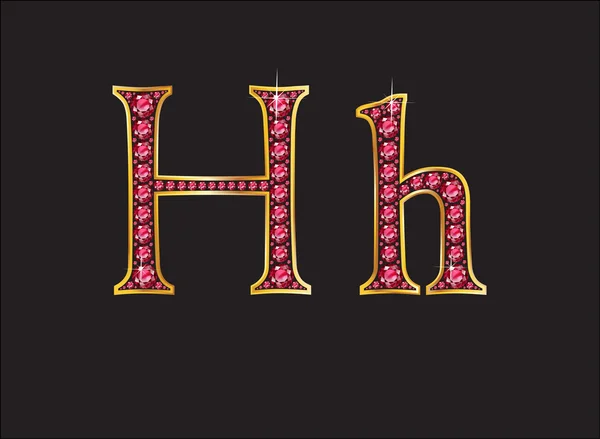 Hh Ruby Jeweled lettertype met goud kanalen — Stockvector