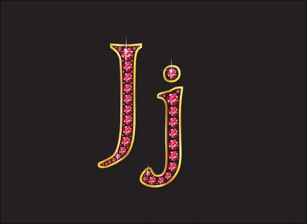 JJ Ruby Jeweled lettertype met goud kanalen — Stockvector