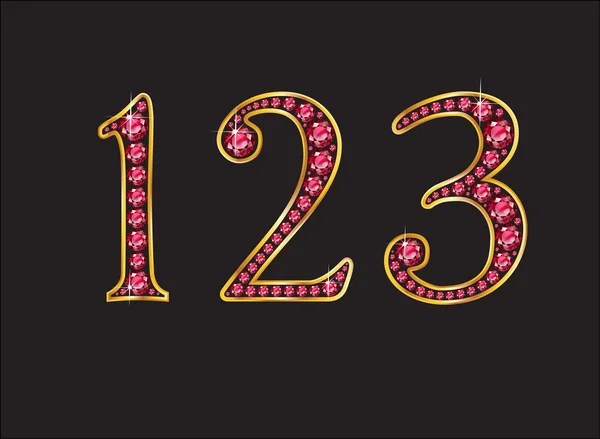 123 Ruby Jeweled Font with Gold Channels — Stock Vector