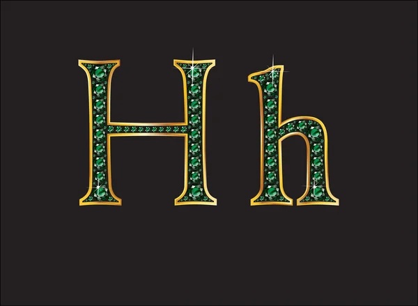 Hh in Emerald Jeweled lettertype met goud kanalen — Stockvector