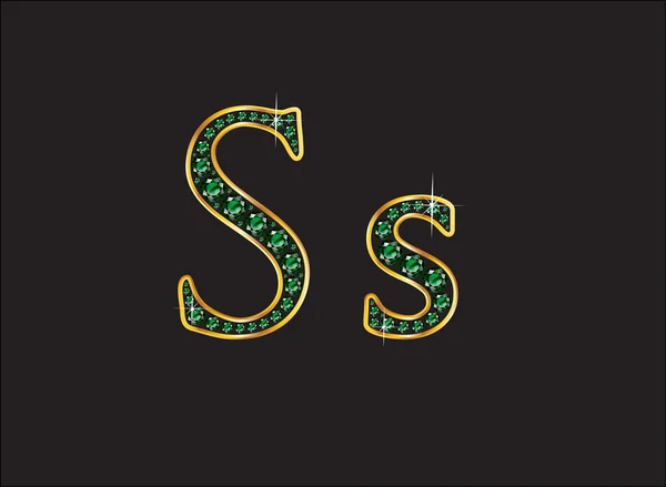 Ss in Emerald Jeweled Font with Gold Channels — Stock Vector