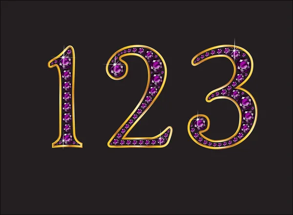 123 Amethyst Jeweled Font with Gold Channels — Stock Vector