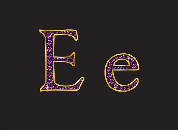 Ee Amethyst Jeweled lettertype met goud kanalen — Stockvector