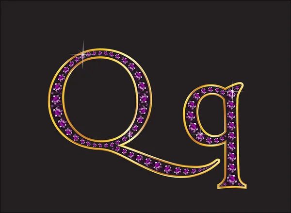 Qq Amethyst Jeweled Font with Gold Channels — Stockvector