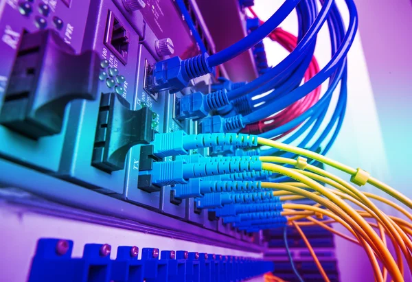 连接光端口的光纤电缆和连接以太网端口的网络电缆 — 图库照片
