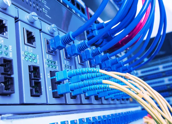 Fiber Optic cables connected to an optic ports and Network cable — Stock Photo, Image