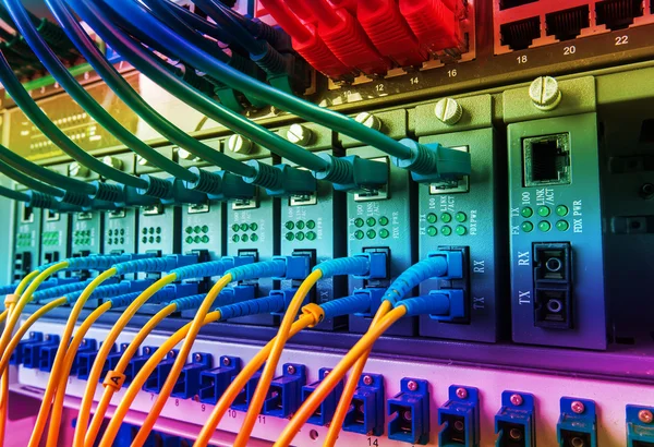 Fiber Optic Cables Connected Optic Ports Network Cables Connected Ethernet — Stock Photo, Image