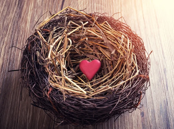 Red Heart Nest Old Shabby Wooden Background — Stock Photo, Image