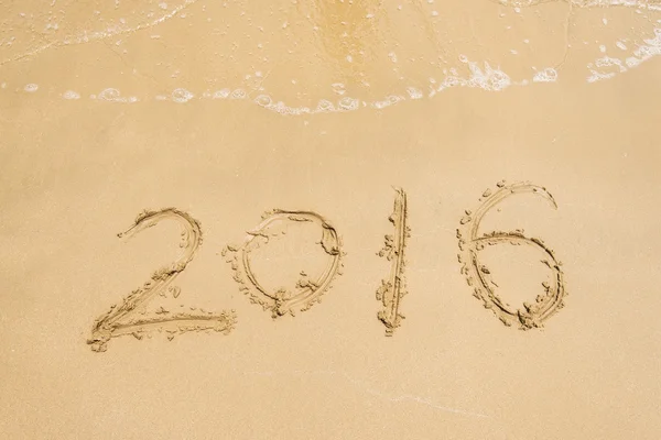 Year 2016 Hand Written White Sand Front Sea — Stock Photo, Image