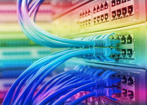 Interruttore di rete e cavi ethernet, concetto di data center. — Foto Stock