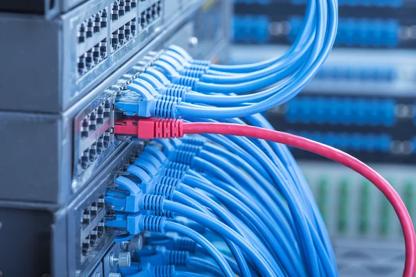 Nätverk kablar och nav närbild med fiber optiska bakgrund — Stockfoto