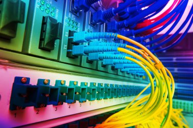 Fiber optik kabloların bağlı bir optik bağlantı noktaları ve ağ kablosu