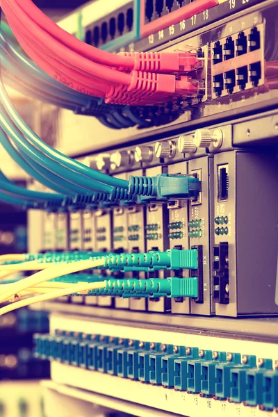 Włókna światłowodowe kable podłączone do optycznych portów i kabel sieciowy — Zdjęcie stockowe