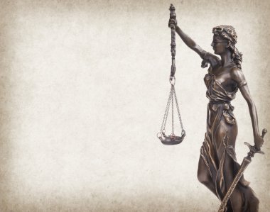 Eski kağıt arka plan, hukuk kavramı üzerinde adalet heykeli