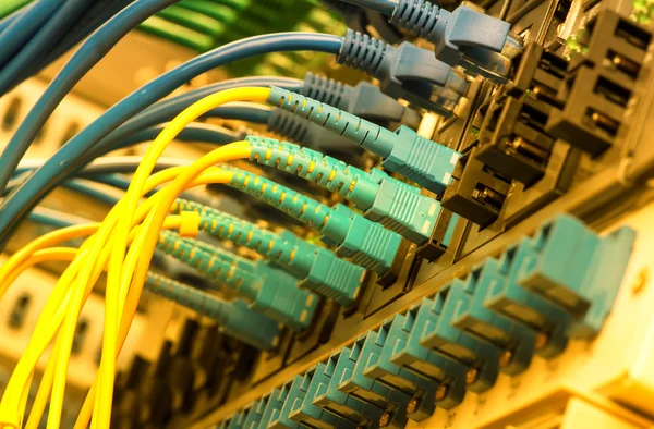 Fiber Optic cables connected to an optic ports and Network cable — Stock Photo, Image